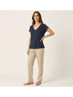 T-shirt marine uni pourvu de liserés dorés et d'un effet flammé