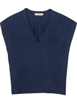 T-shirt marine uni pourvu de manches courtes et d'un décolleté en v profond