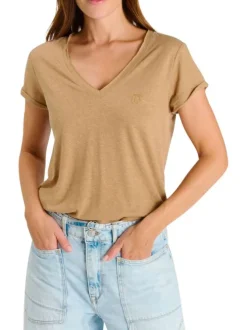 T-shirt marron à coupe droite pourvu d'un col v et de manches courtes