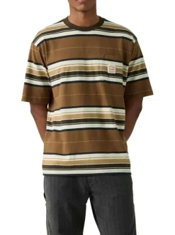 T-shirt marron en coton avec un imprimé fantaisie rayé et des manches courtes