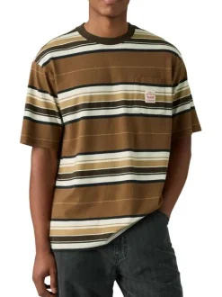 T-shirt marron en coton avec un imprimé fantaisie rayé et des manches courtes