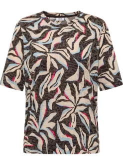 T-shirt marron à motifs pourvu d'un col rond et d'une coupe droite