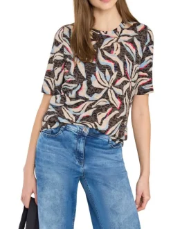 T-shirt marron à motifs pourvu d'un col rond et d'une coupe droite