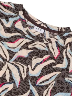 T-shirt marron à motifs pourvu d'un col rond et d'une coupe droite