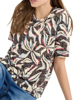 T-shirt marron à motifs pourvu d'un col rond et d'une coupe droite