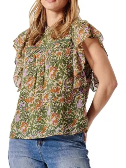 T-shirt multicolore fleuri à coupe droite col ruffle et à manches courtes