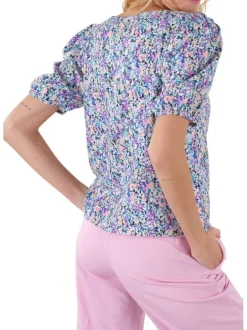 T-shirt multicolore fleuri à coupe droite col v et à manches courtes