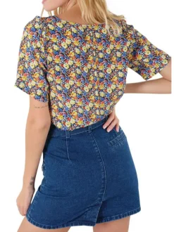 T-shirt multicolore fleuri à coupe droite col v et à manches courtes