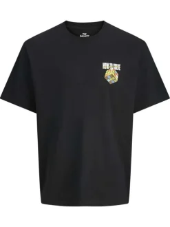 T-shirt noir avec des imprimés une coupe droite et un col rond