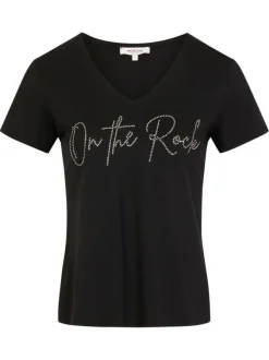 T-shirt noir à coupe droite avec un col V et nom de la marque en strass
