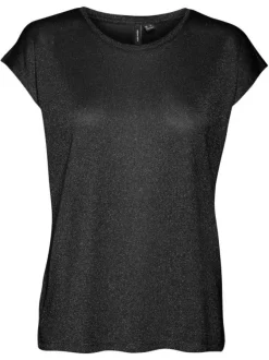 T-shirt noir à coupe fluide et un col rond avec du lurex noir
