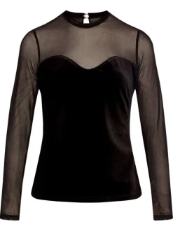 T-shirt noir en bi-matière avec une coupe ajustée et une finition en velours