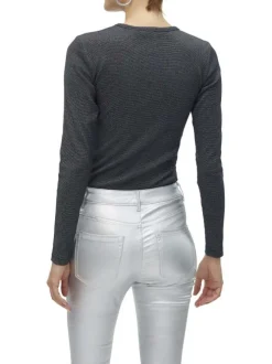 T-shirt noir en coton pailleté à coupe près du corps avec des manches longues