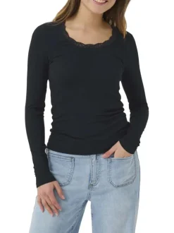 T-shirt noir en maille côtelée à coupe ajustée avec un col rond en dentelles
