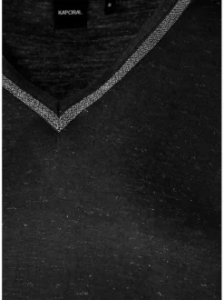 T-shirt noir en maille dévorée à coupe ample col v et à manches longues