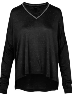 T-shirt noir en maille dévorée à coupe ample col v et à manches longues