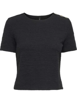 T-shirt noir en maille tricotée pourvu d'un col rond et de manches courtes