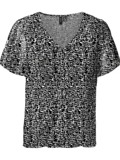 T-shirt noir imprimé abstrait avec une coupe droite col v et à manches courtes