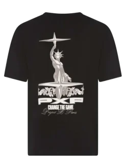 T-shirt noir imprimé avec une coupe droite à col rond et des manches courtes
