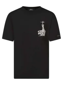 T-shirt noir imprimé avec une coupe droite à col rond et des manches courtes