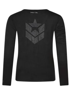 T-shirt noir imprimé à coupe droite avec un col V et des manches longues