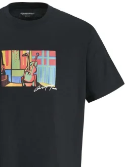 T-shirt noir imprimé cubisme en coton avec col rond et coupe regular