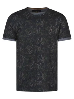 T-shirt noir à imprimé tropical avec une coupe droite et un col rond