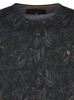 T-shirt noir à imprimé tropical avec une coupe droite et un col rond