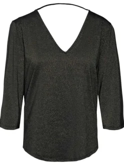T-shirt noir pailleté avec une coupe droite un col v et des manches 3/4