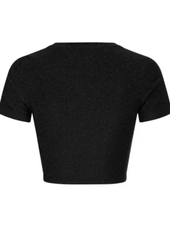 T-shirt noir pailleté coupe cropped à col rond, manches courtes et floqué à la poitrine
