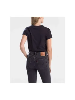 T-shirt noir pour femme uni avec petit logo en coton coupe droite