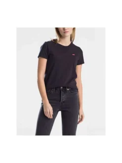 T-shirt noir pour femme uni avec petit logo en coton coupe droite