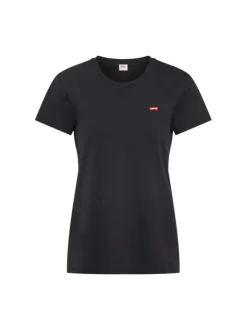 T-shirt noir pour femme uni avec petit logo en coton coupe droite