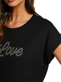 T-shirt noir pourvu d'un col rond finement côtelé et de manches courtes