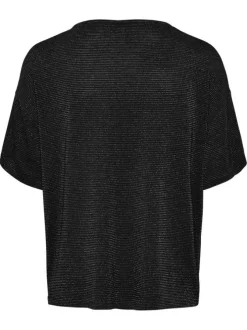 T-shirt noir rayé avec col v arrondi et incrustation de fils lurex