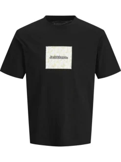 T-shirt noir regular en coton avec imprimé blanc, col rond et manches courtes