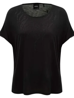 T-shirt noir à strass à coupe droite col rond et à manches courtes