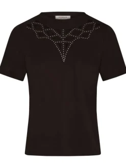 T-shirt noir à strass à coupe droite col rond et à manches courtes