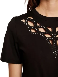 T-shirt noir à strass à coupe droite col rond et à manches courtes