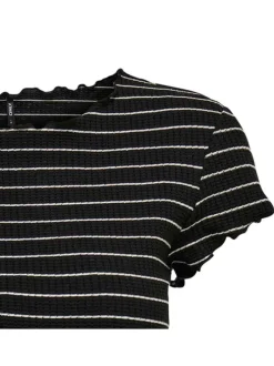 T-shirt noir style marinière coupe crop top col rond et aspect gaufré