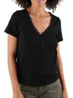 T-shirt noir uni avec détails en dentelle une coupe droite et un col v