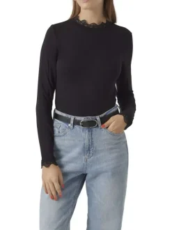 T-shirt noir uni avec un col rond en dentelle et des manches longues