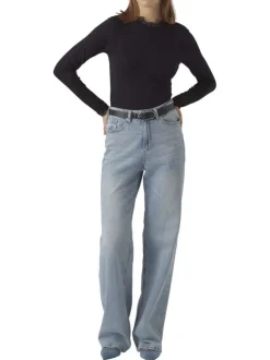 T-shirt noir uni avec un col rond en dentelle et des manches longues