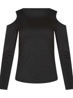 T-shirt noir uni avec un col rond et des manches ouvertes aux épaules