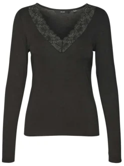 T-shirt noir uni avec un col v en dentelle et des manches longues