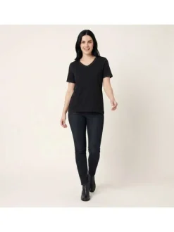 T-shirt noir uni avec une coupe ajustée un col v et des manches courtes