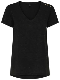 T-shirt noir uni avec une coupe droite à col v et des boutons décoratifs
