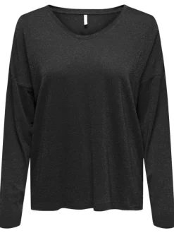 T-shirt noir uni avec une coupe droite à col v et des manches longues