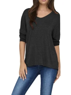 T-shirt noir uni avec une coupe droite à col v et des manches longues