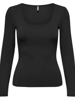 T-shirt noir uni avec une coupe droite et un col rond à manches longues